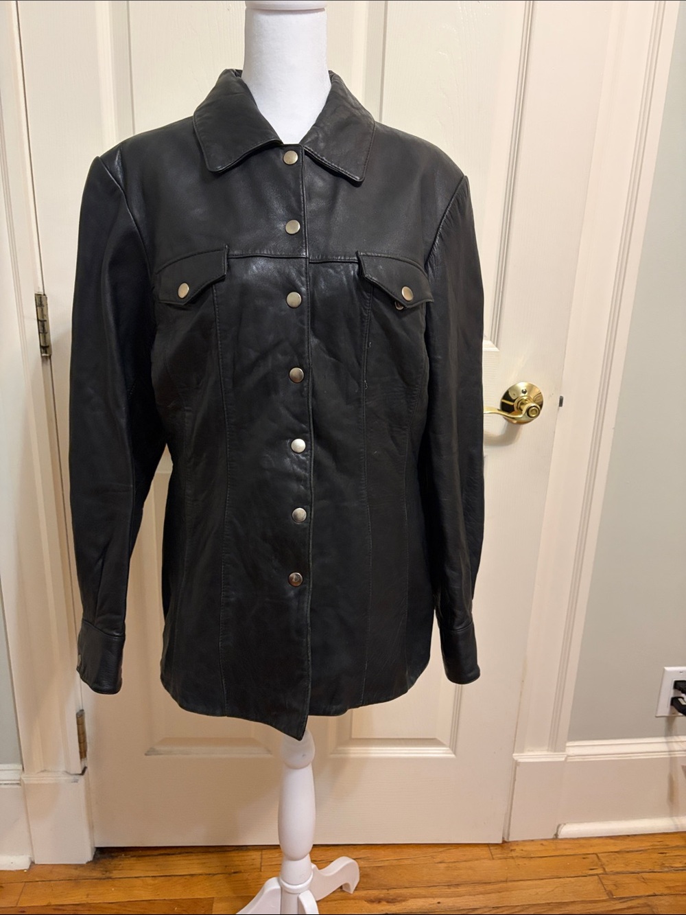 Classic Black Leather Snap-Front Jacket